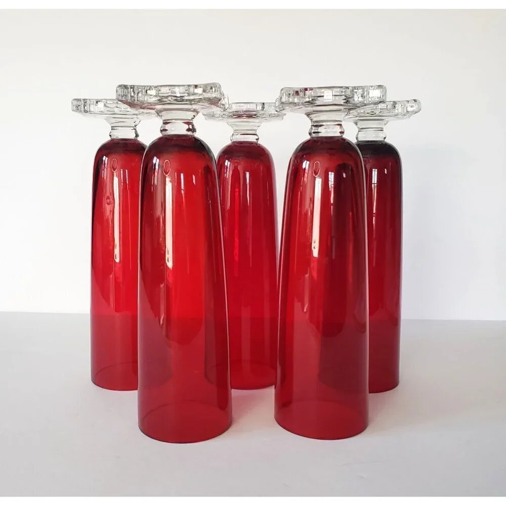 Vintage MCM Seneca Slim Jim 903 Ruby Red Footed Pilsner Beverage Glass Vase Set